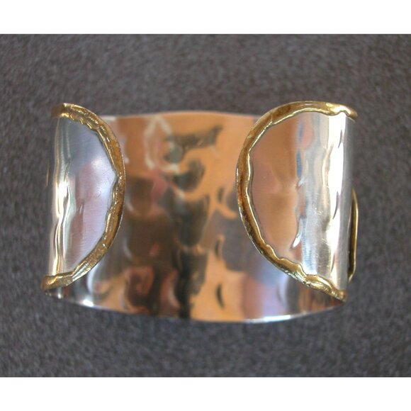 Wide Brass & Silver-Tone Cuff Bracelet With Mosaic Inlay Design SZ 7 - Picture 3 of 3